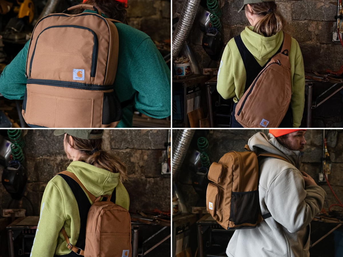 4 different size backpacks shown being worn in a work setting, all in the original Carhartt color.