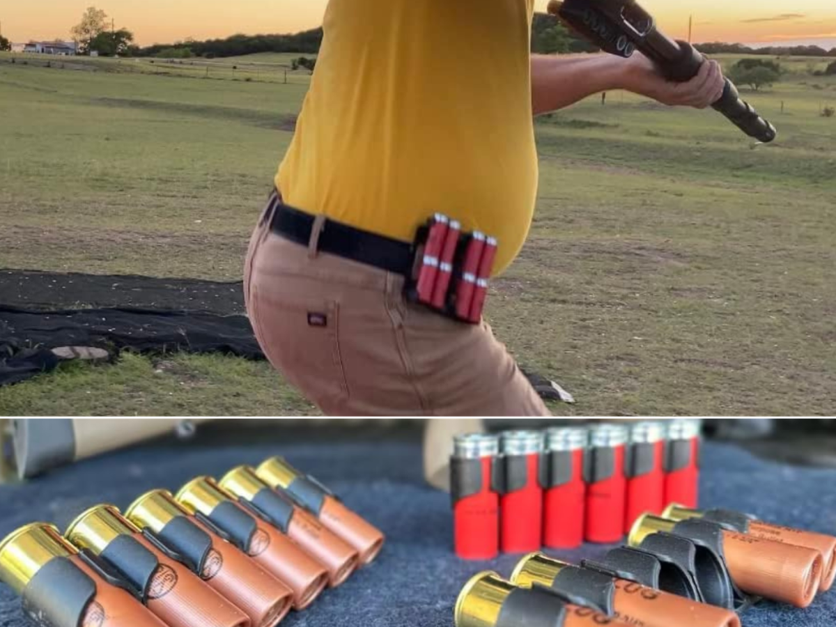A man running with his shotgun and shot shell carrier on his belt, shells in carriers laying on a table near a shotgun.
