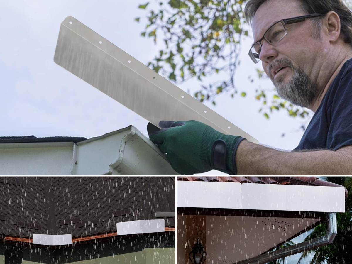 A man installing gutter splash guards, splash guards installed on shingle and clay roof.