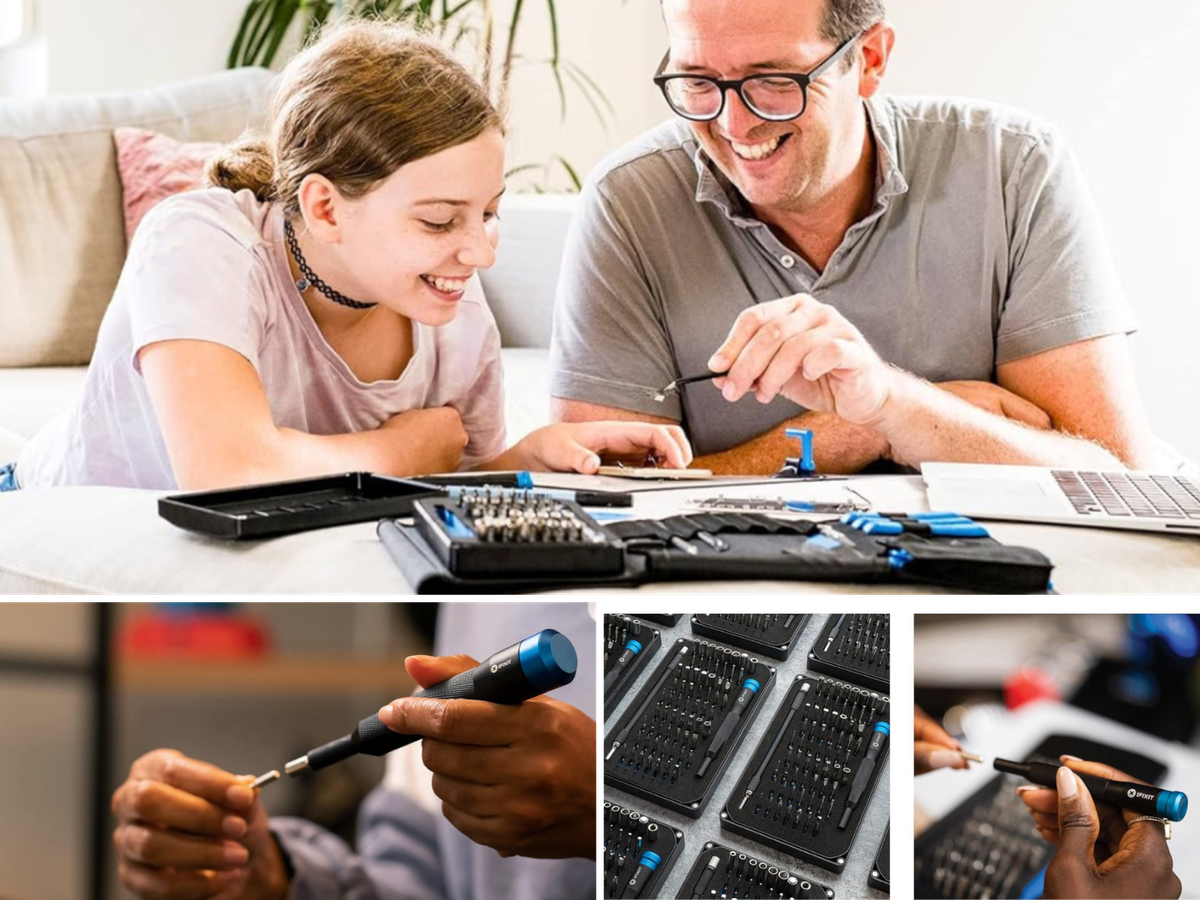 A father and daughter working together, a man changing a bit, and tool kits in a row.