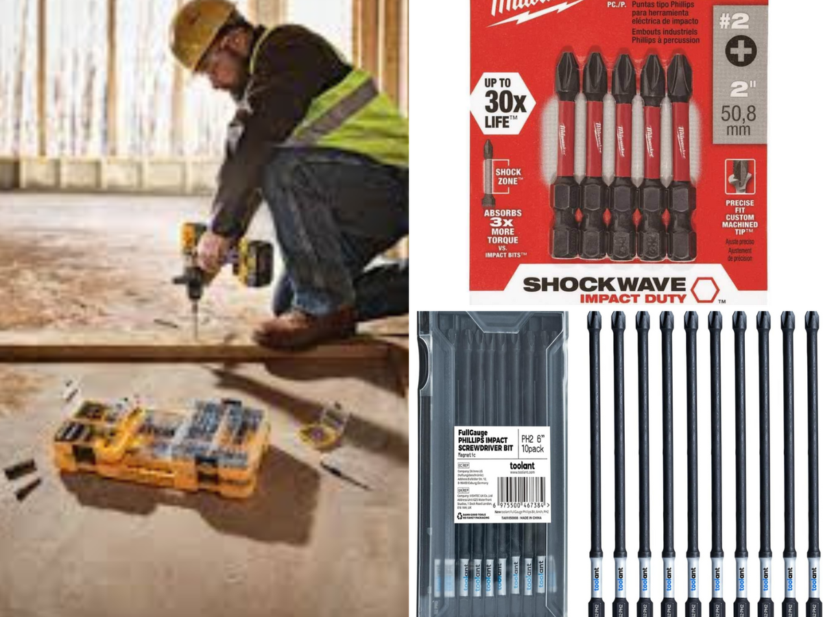 A man using a screwdriver bit with a drill, and 2 other sets of impact bits