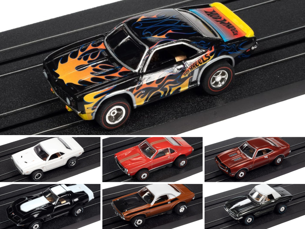 7 different muscle car slot cars from AutoWorld