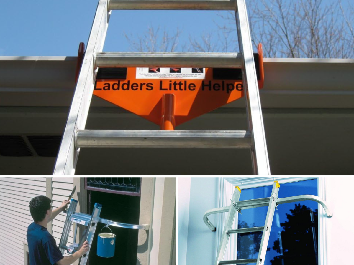 A guard on a gutter for a ladder, a man painting a window, and a ladder at a window ready to work