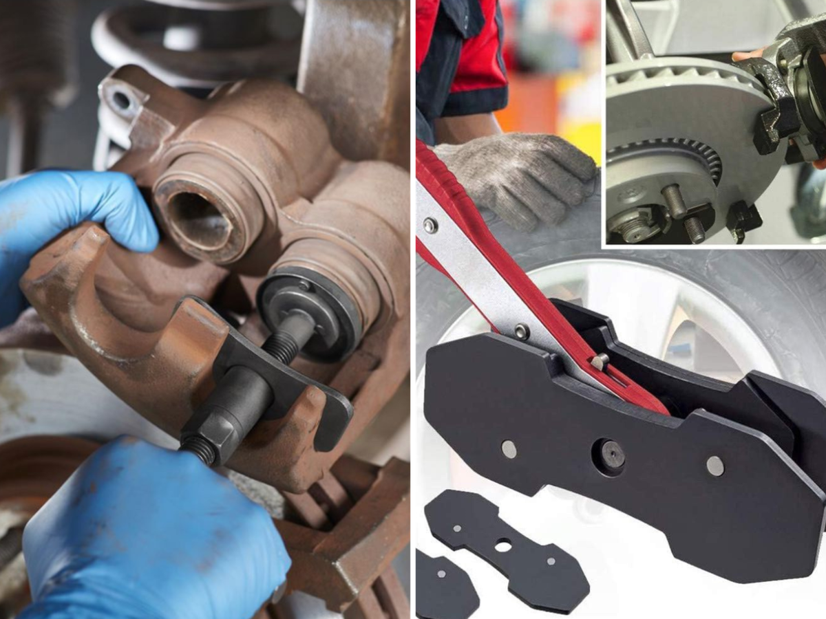 Someone compressing a caliper piston, and a different style tool getting ready to work.