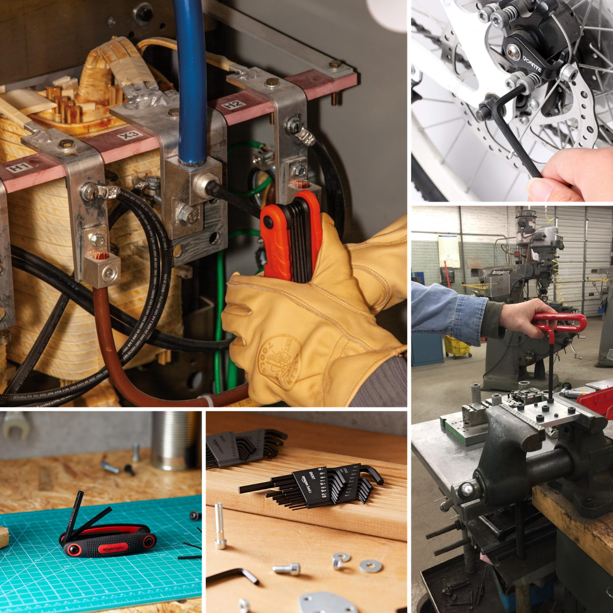 3 different workers using hex wrenches, and 2 sets displayed