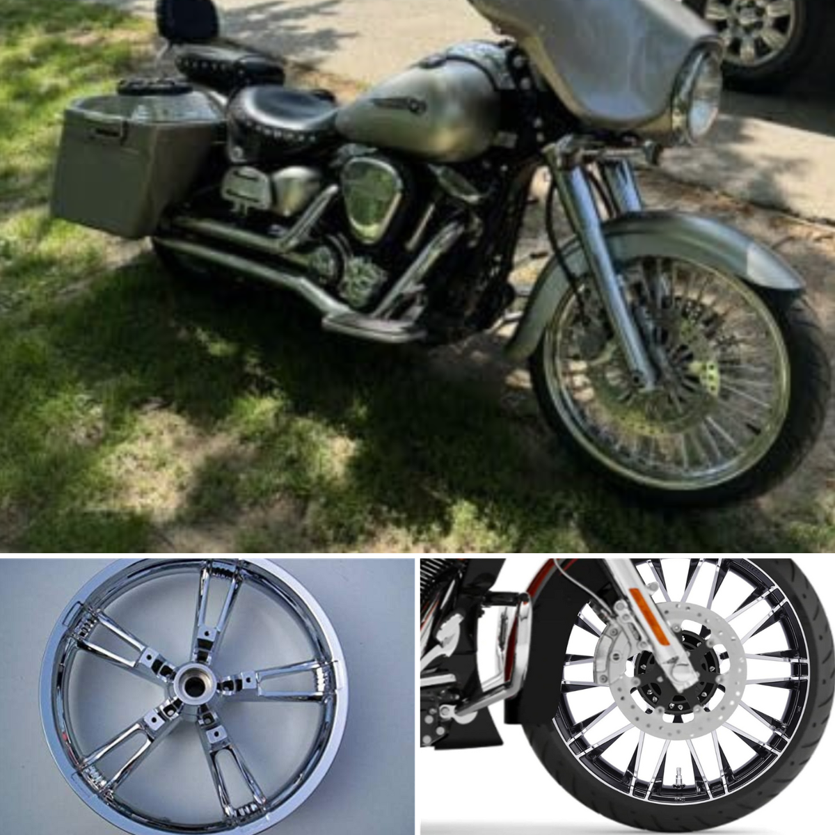 21-inch wheels for the front of Harleys, 3 shown with chrome and black.