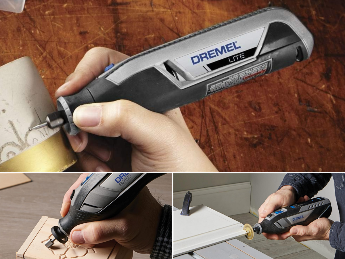 3 pictures of people using Dremel multi tools cordlessly.