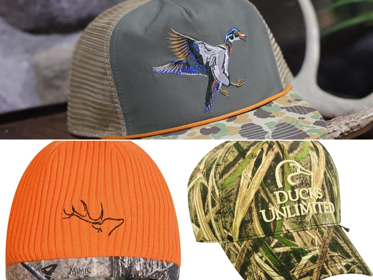 A camo/orange beanie, a Ducks Unlimited camo hat, and a duck landing on a summer cap.