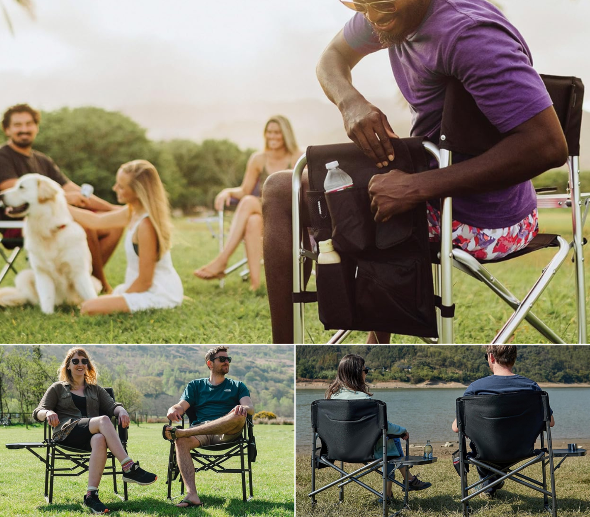 A couple looking over a lake, another couple looking at sunset and a group having fun!