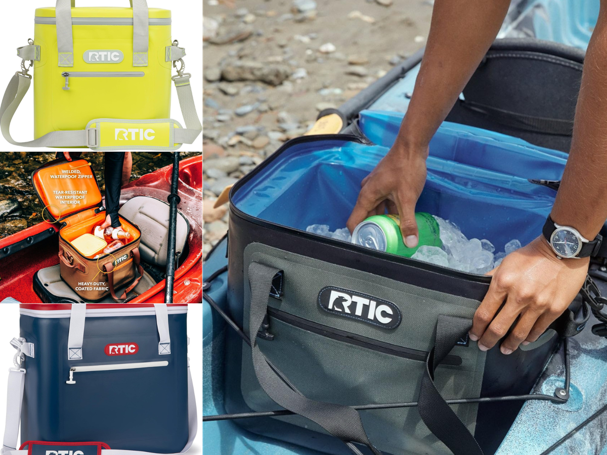 Two pictures of soft coolers in kayaks, and two pictures of the unique colors.