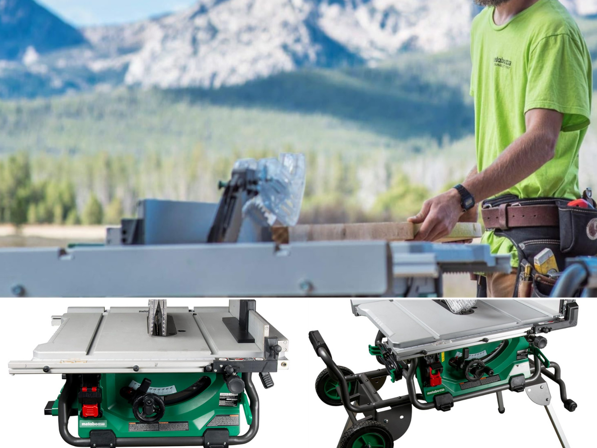 A table top table saw, a rolling table saw, and a man using a Metabo saw with extension