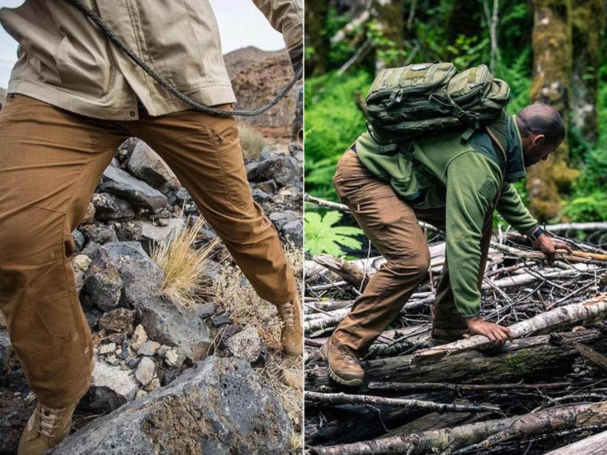 A man climbing a rock pile in tactical pants, and a man climbing a brush pile wearing 5.11's.