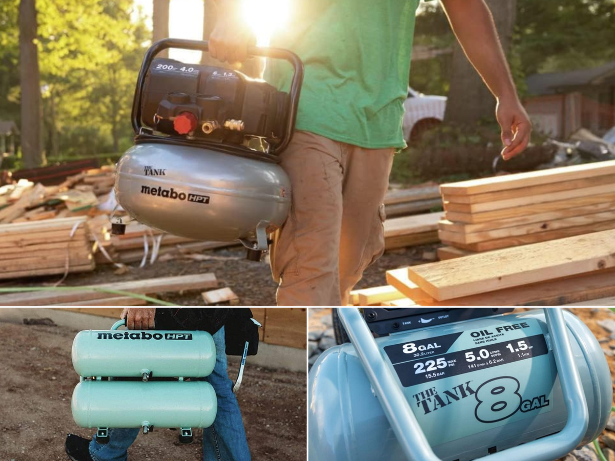 A man carrying a pancake air compressor, another carrying a dual tank, and a 8 gallon Metabo on the job