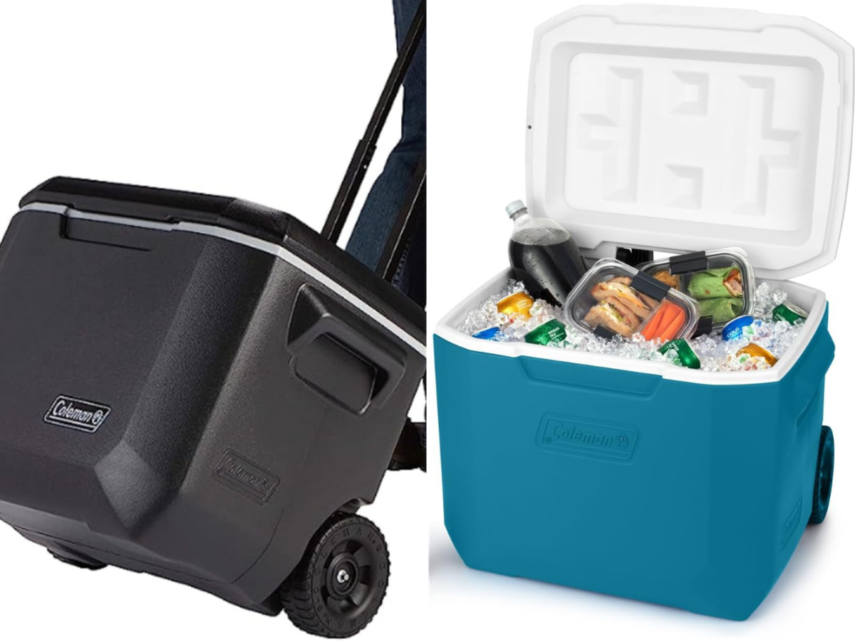 An Extreme Coleman cooler and another Coleman, both have wheels