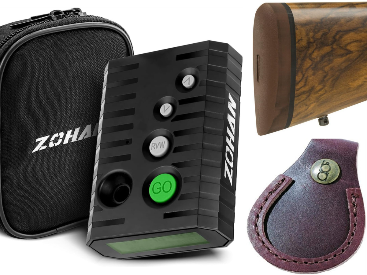 Trap shooting timer, toe pad, and kick pad for shotguns.