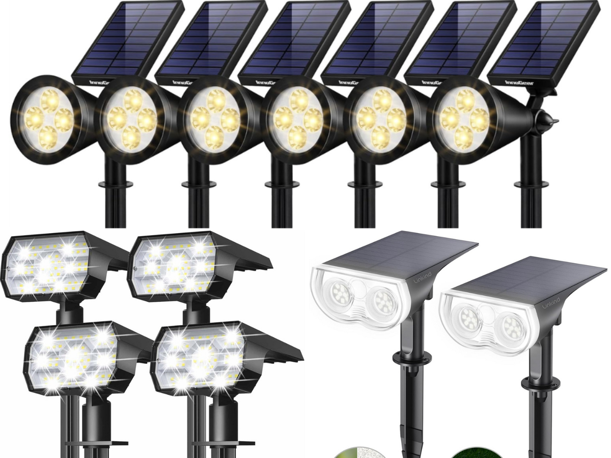 Three different solar landscaping light kits, 6 pieces, 4 pieces, and 2 pieces.