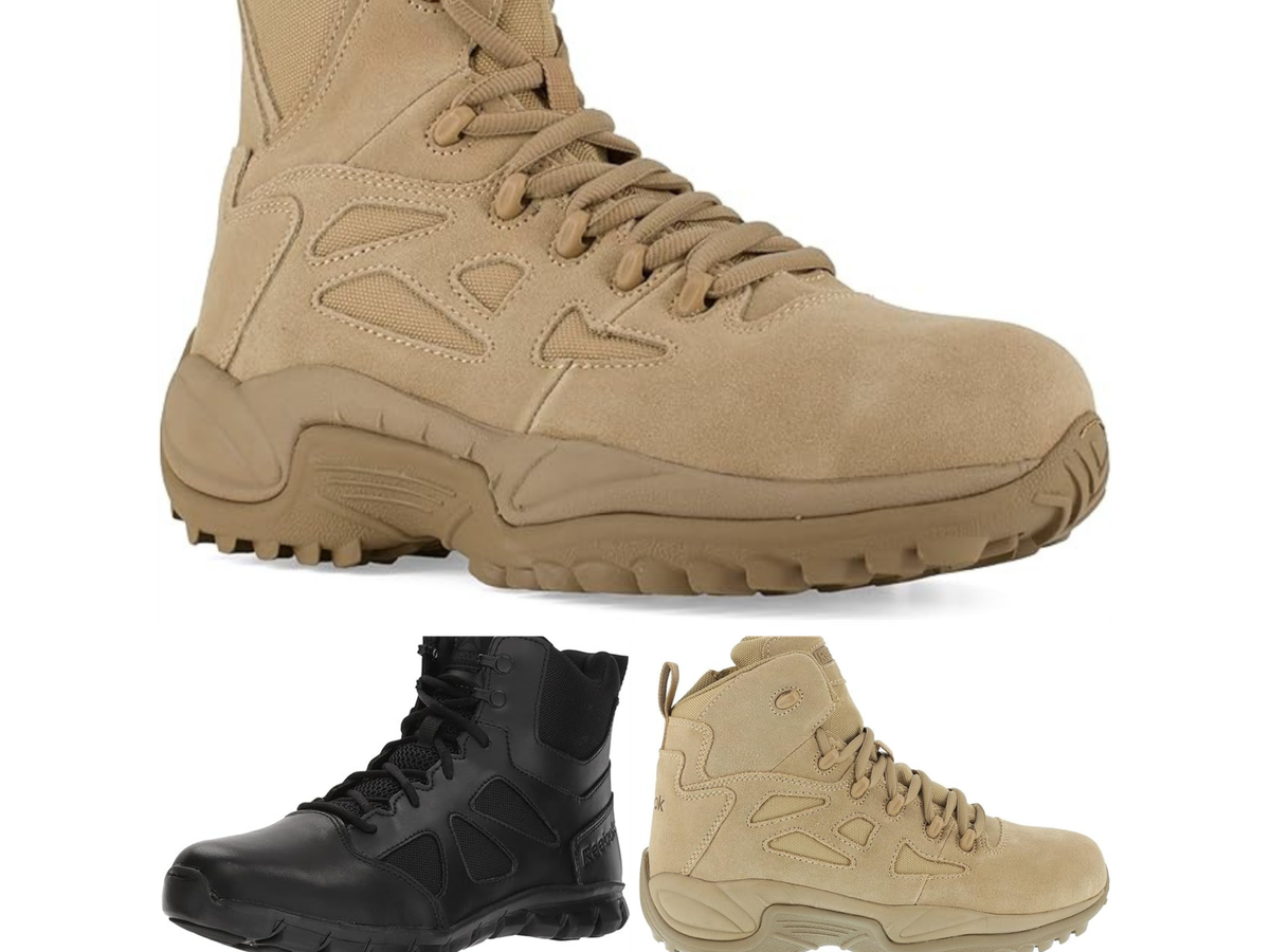 6 inch tactical boots shown in black, and tan, and a 8 inch Reebok boot in tan.