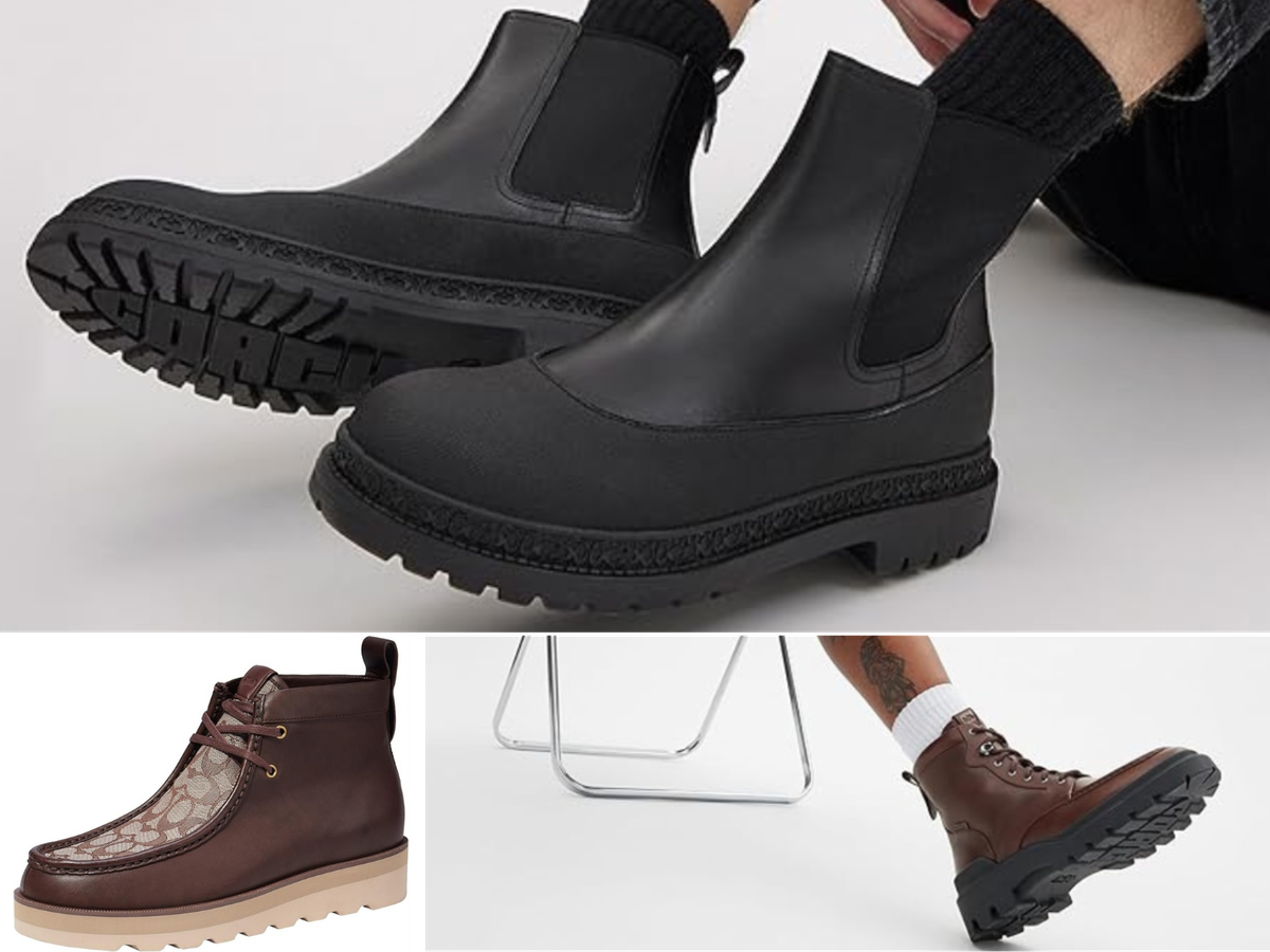 Boots for men by Coach, 2 men wearing Coach boots, and a picture of a Coach Chukka Boot