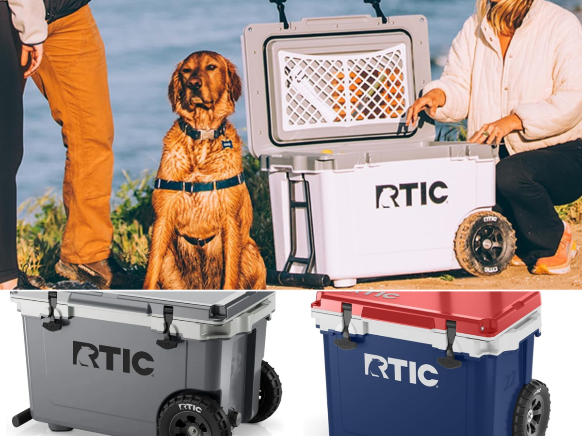 Three sizes of RTIC coolers with handles and wheels
