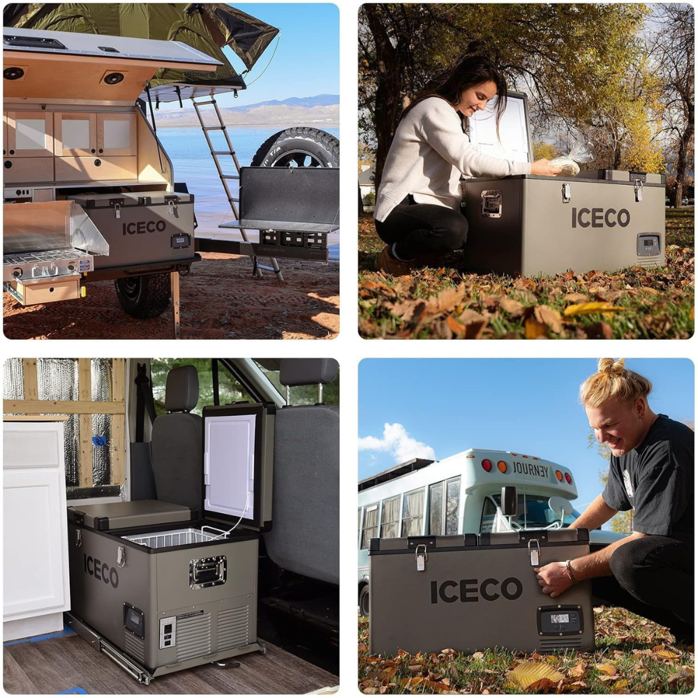 A metal portable fridge from ICECO shown in 4 scenarios.