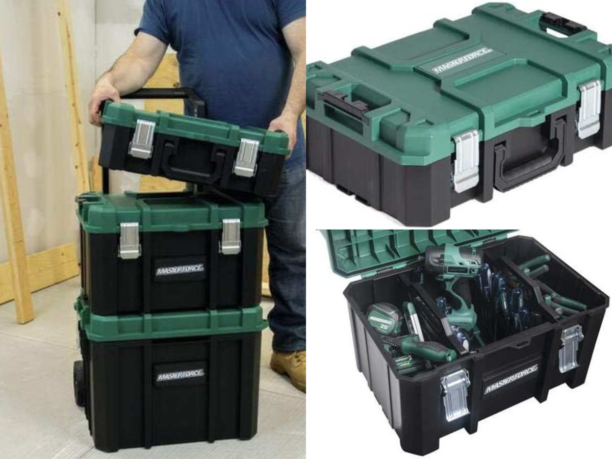 A man unloading a tool box stack for work, and 2 pictures of the smaller Masterforce boxes