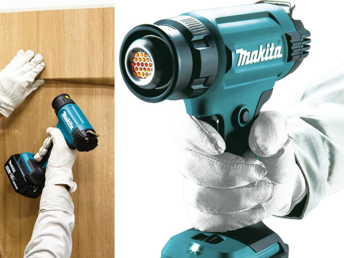 A person holding a cordless heat gun, and another putting up vinyl with a Makita.