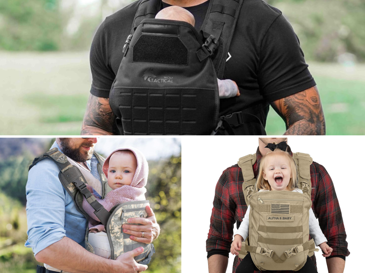 Three men carrying infants and toddlers in tactical carriers.