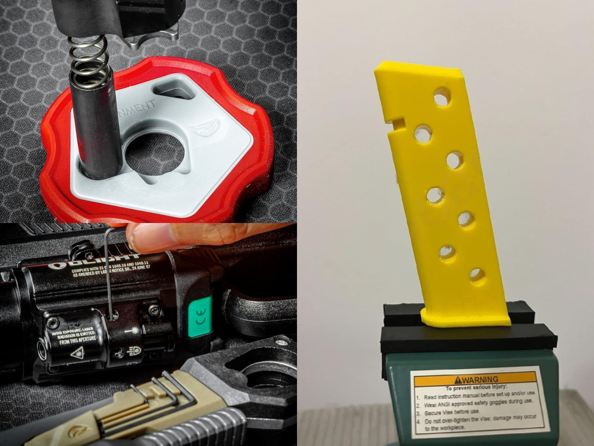 A magwell vise block, a bench block, and a firearms multitools shown in use