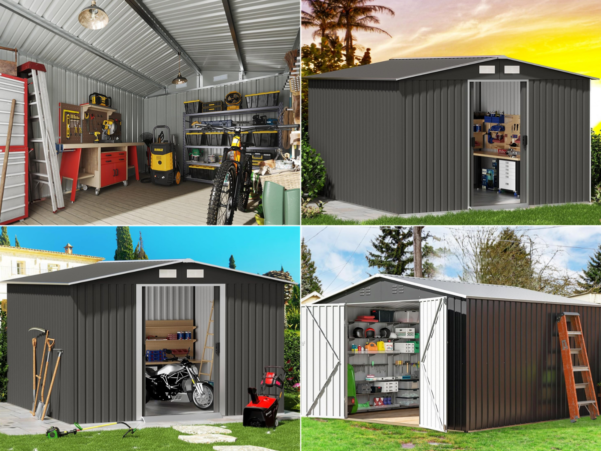 3 outside views for sheds with the doors open, and an interior picture with items placed around.
