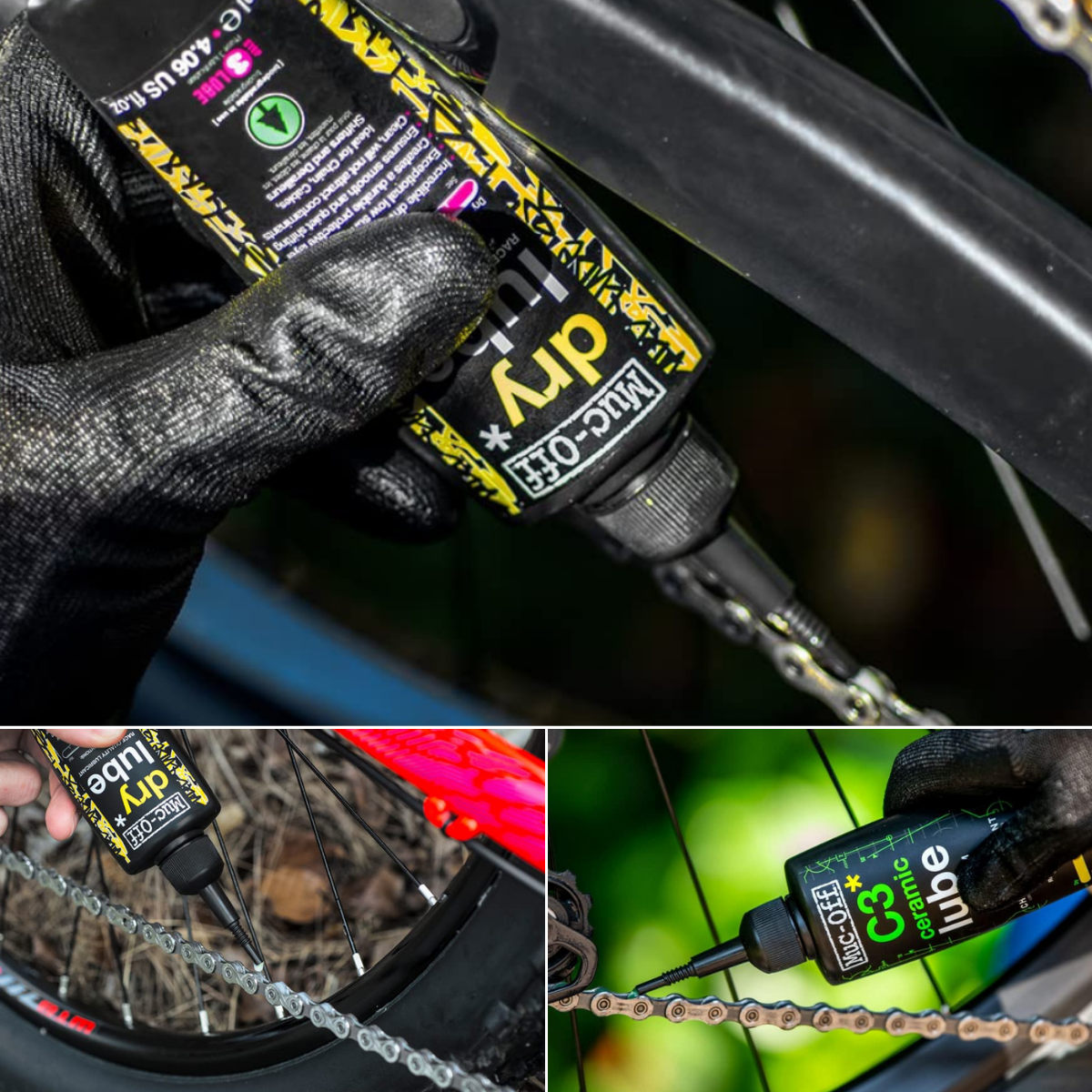 Three pictures of people adding different dry lubes to the chain of a Mountain Bike