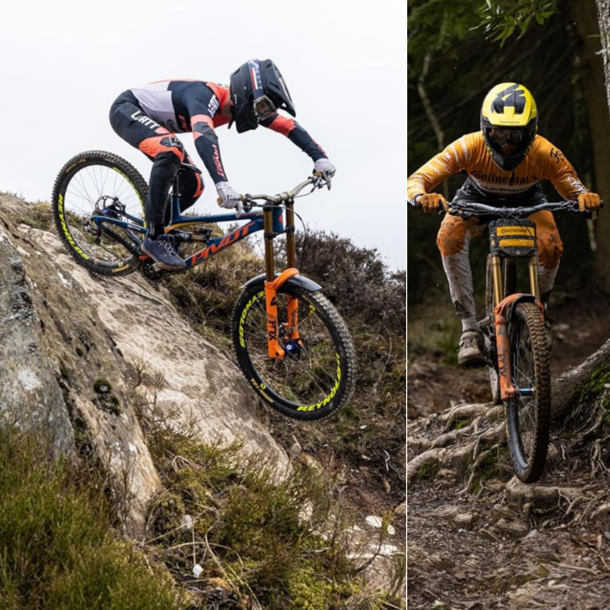 Two people riding down mountain trails with Continental tires.