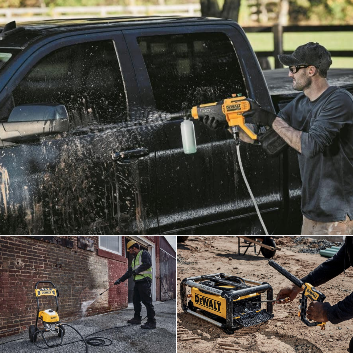 A gas pressure washer, cordless pressure washer and an electric power washer from DeWalt.