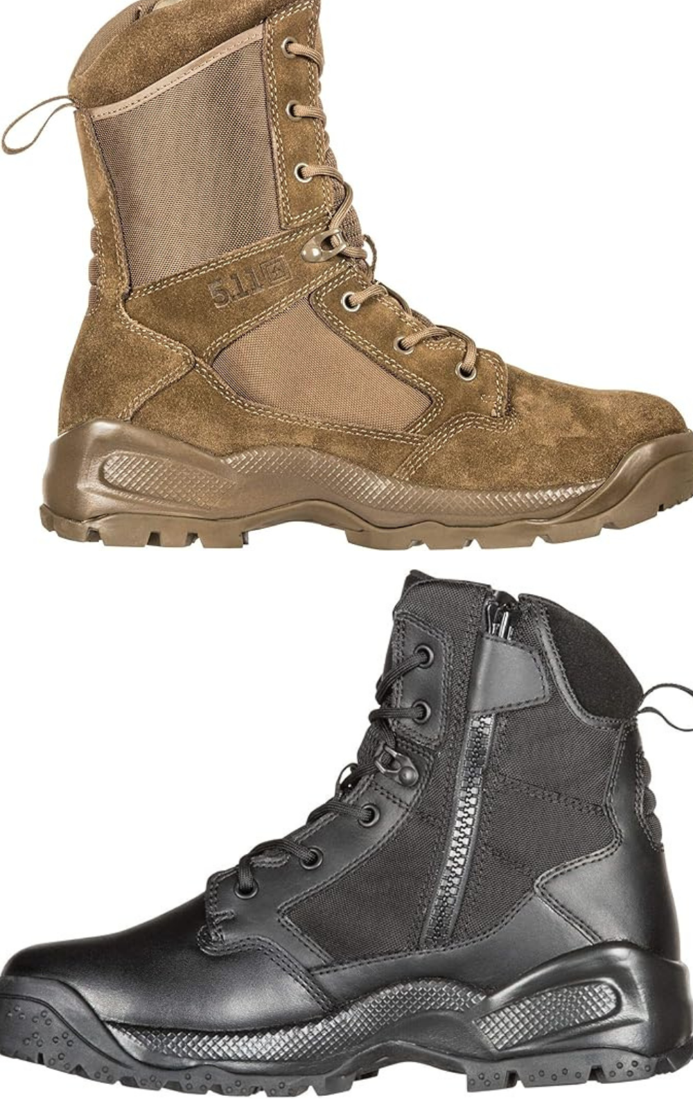 Tactical boots from 5.11 Tactical, a black zip up and a tan lace up boot.