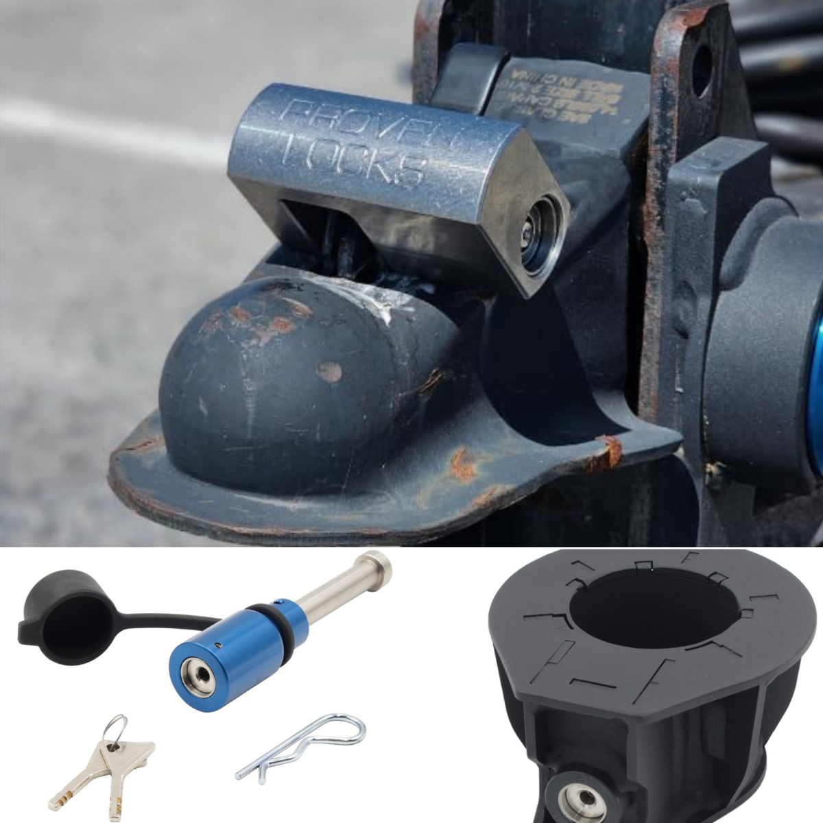 A latch lock, a receiver lock, and a fifth wheel lock from Proven Industries