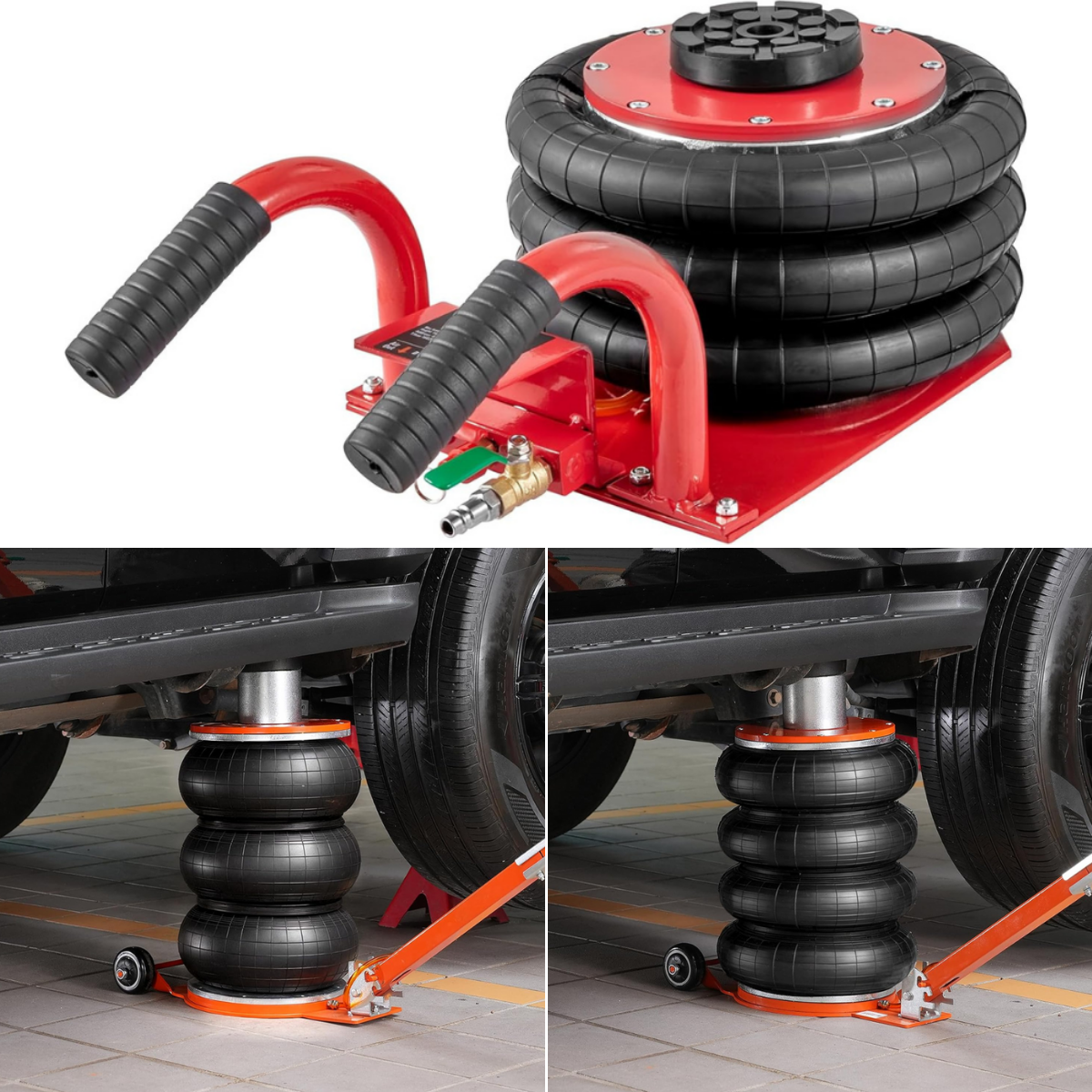 A compact air jack, and wheeled models for higher and easier lifting.