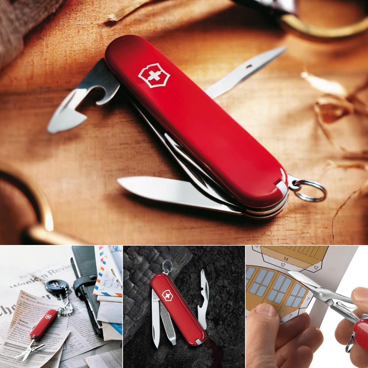 4 small Victorinox pocket knives being used and on display.