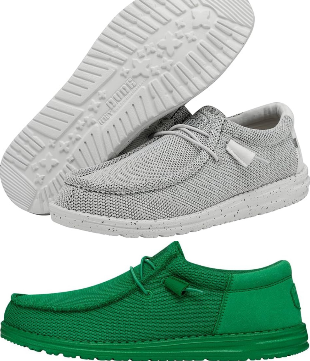 Hey Dude shoes in light grey, and green.
