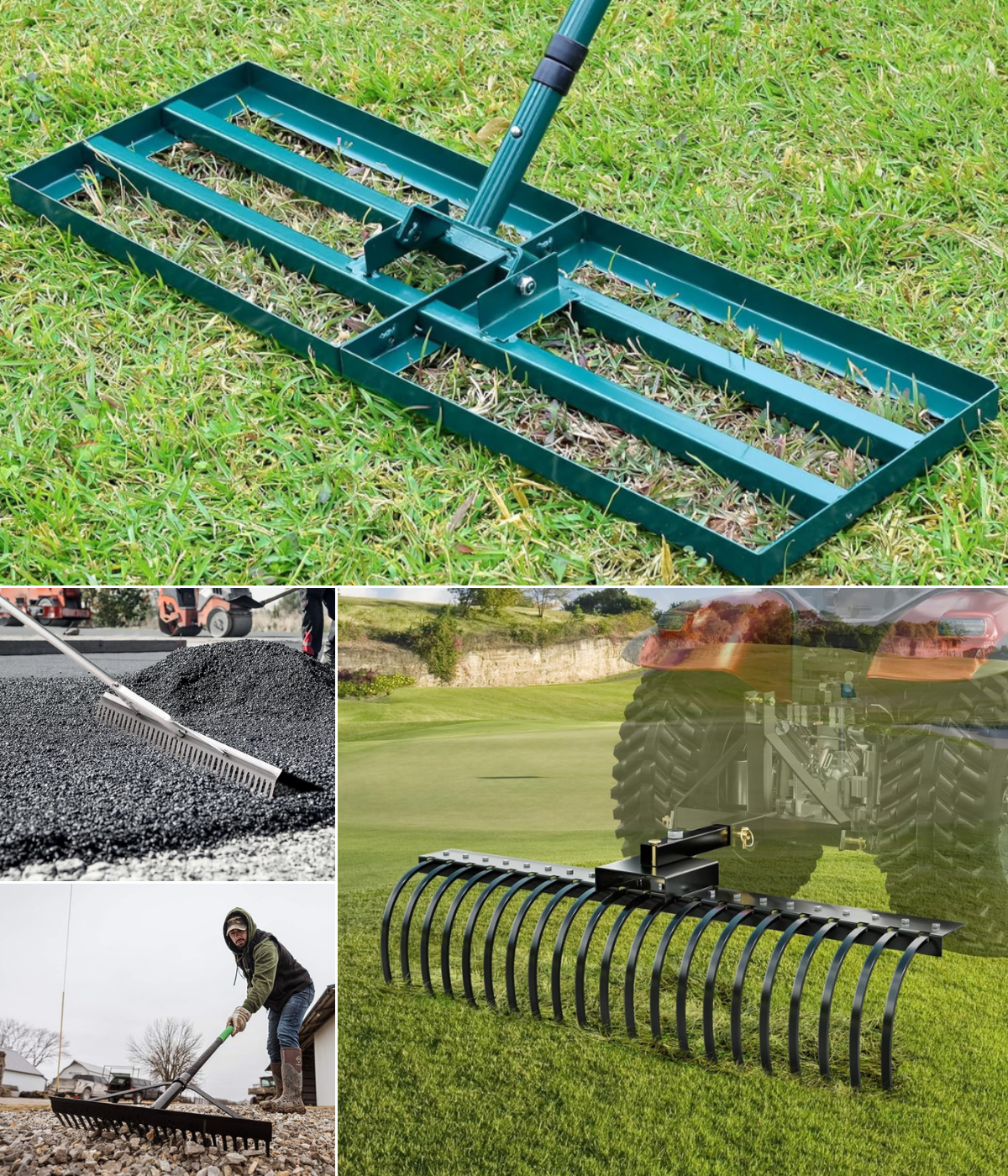 A finger rake on a tractor, a man moving leaves, a man spreading concrete, and a leveler in grass