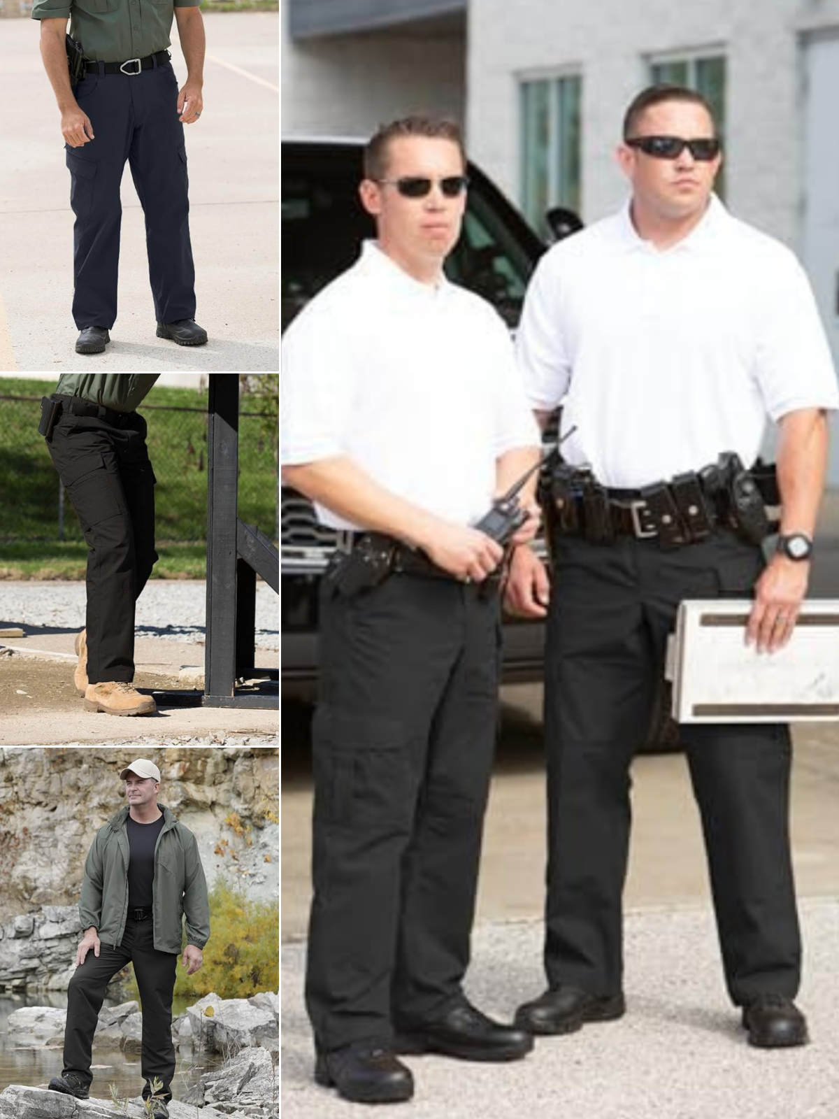 2 men looking out at something, a man on a creek, a man at the range, and a man going to work.