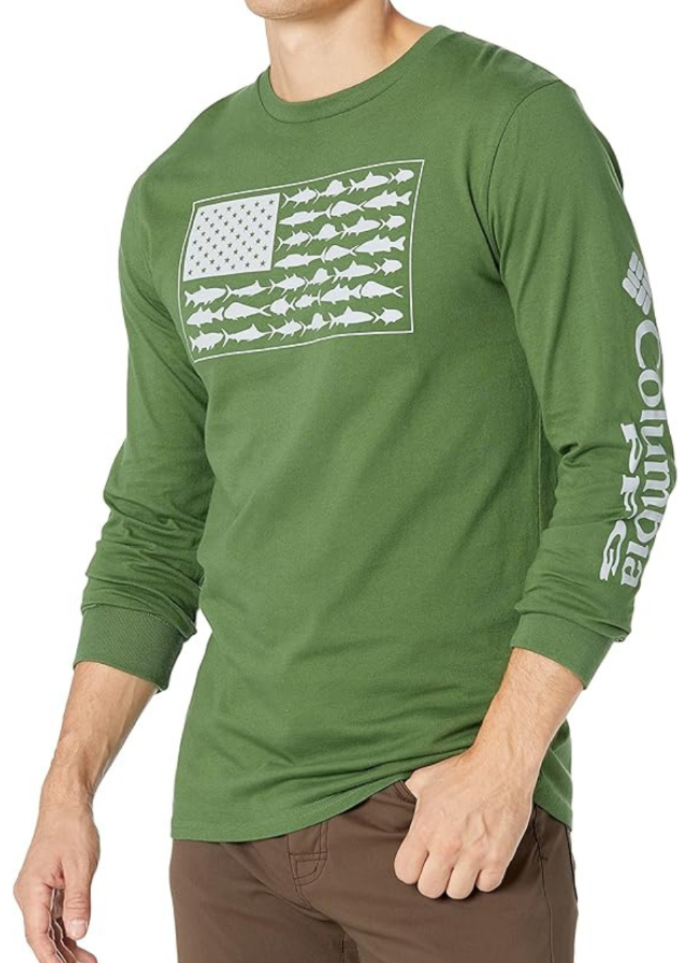A man wearing a Columbia long sleeve fishing shirt, green with white Columbia logo on the left sleeve