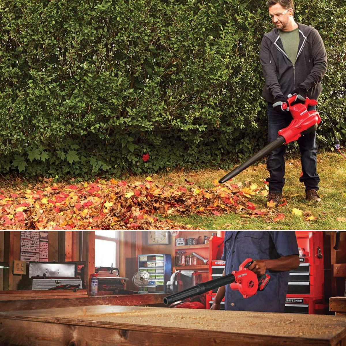 A man blowing leafs, and another cleaning wood shavings off a workbench