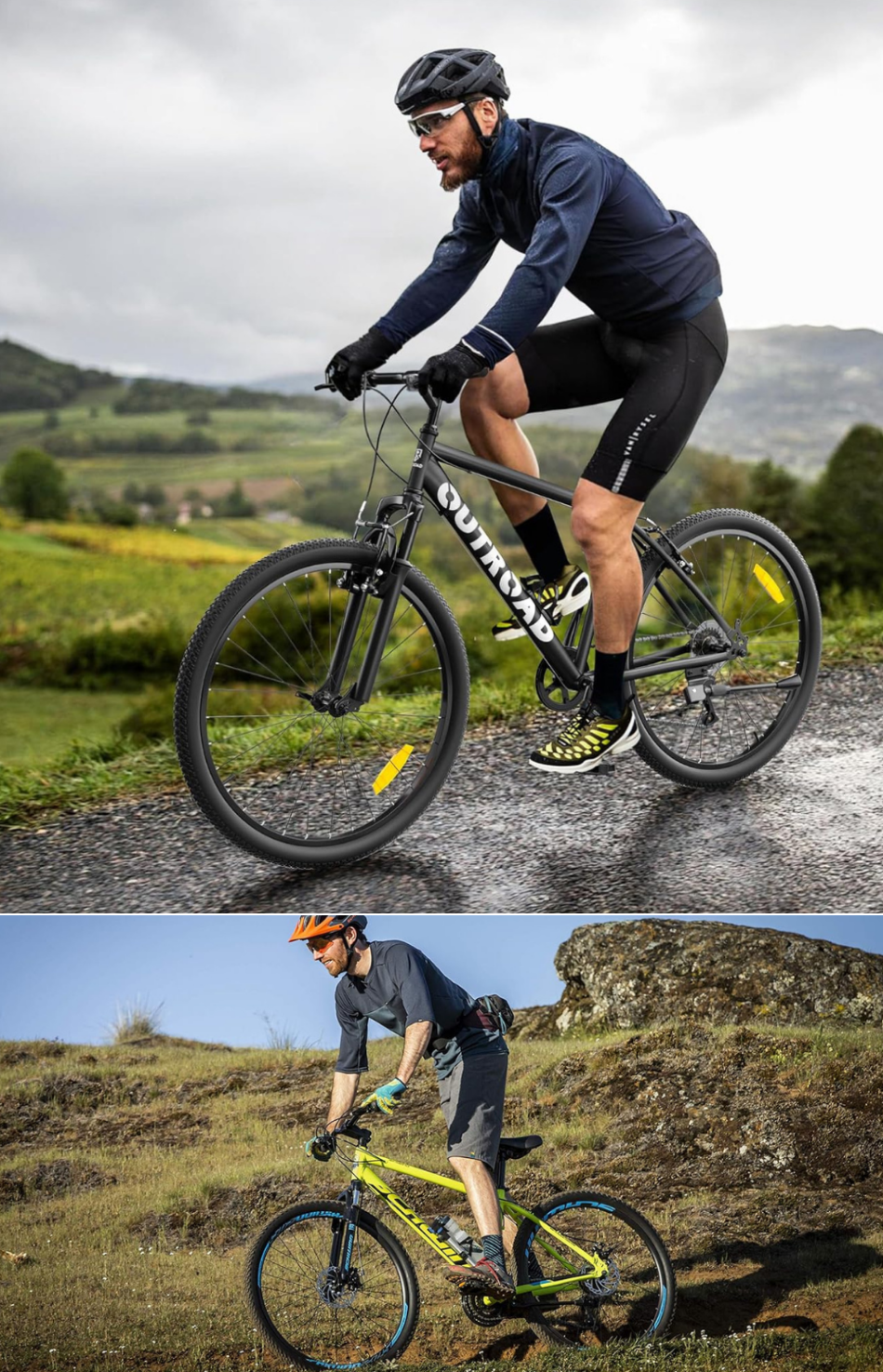 2 men riding hardtail bikes, 1 on the road, and 1 on a trail.