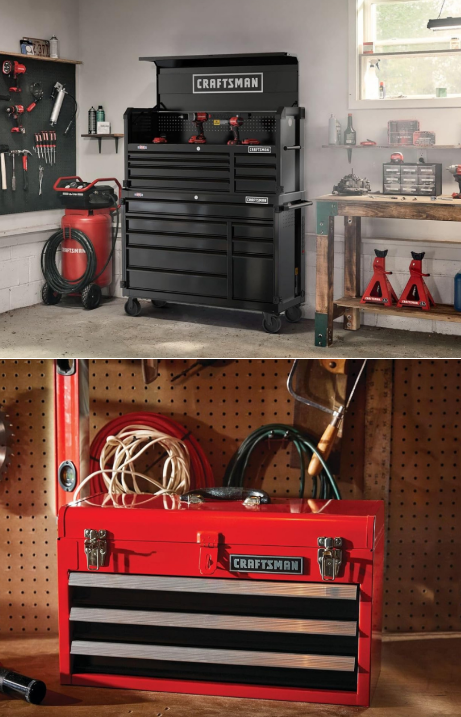 A large rolling double stack tool chest, and a 3 drawer Craftsman tool box