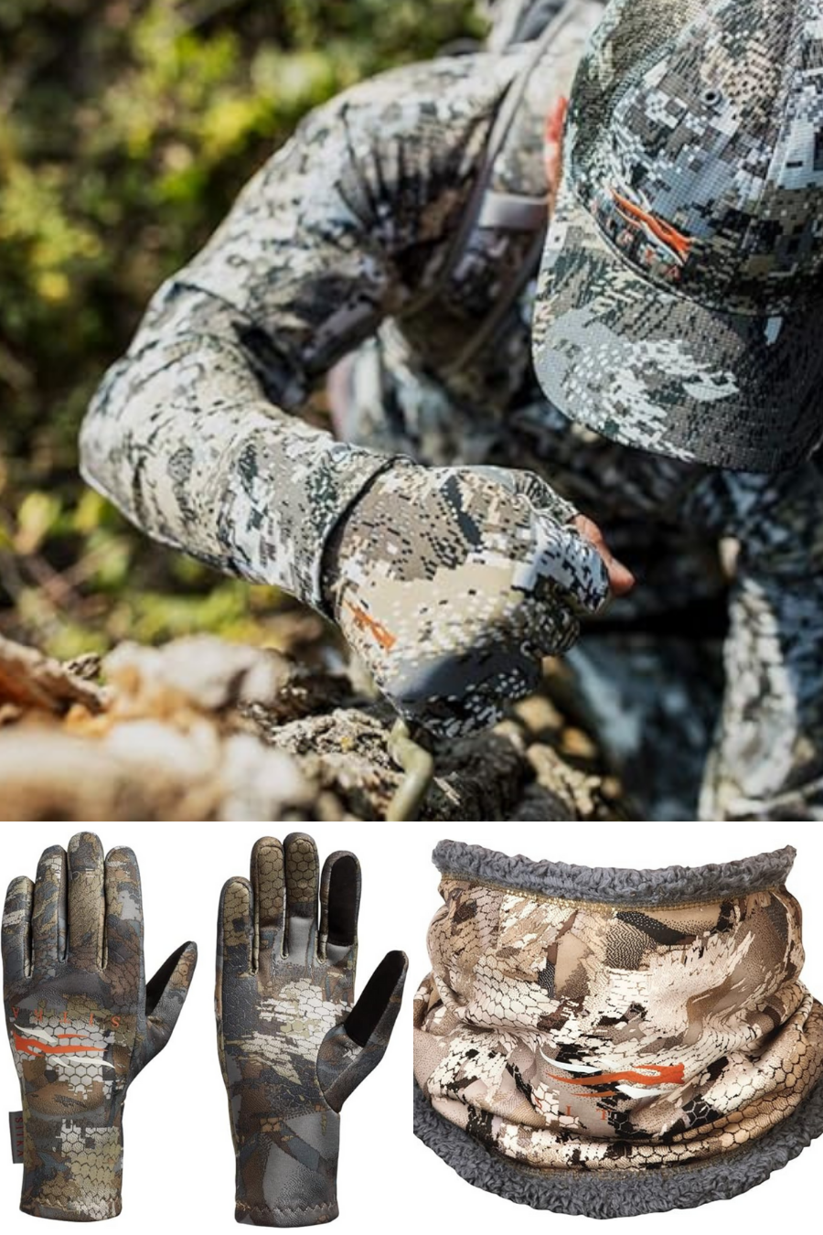 A man in camo climbing into a stand, neck gaiter, and gloves