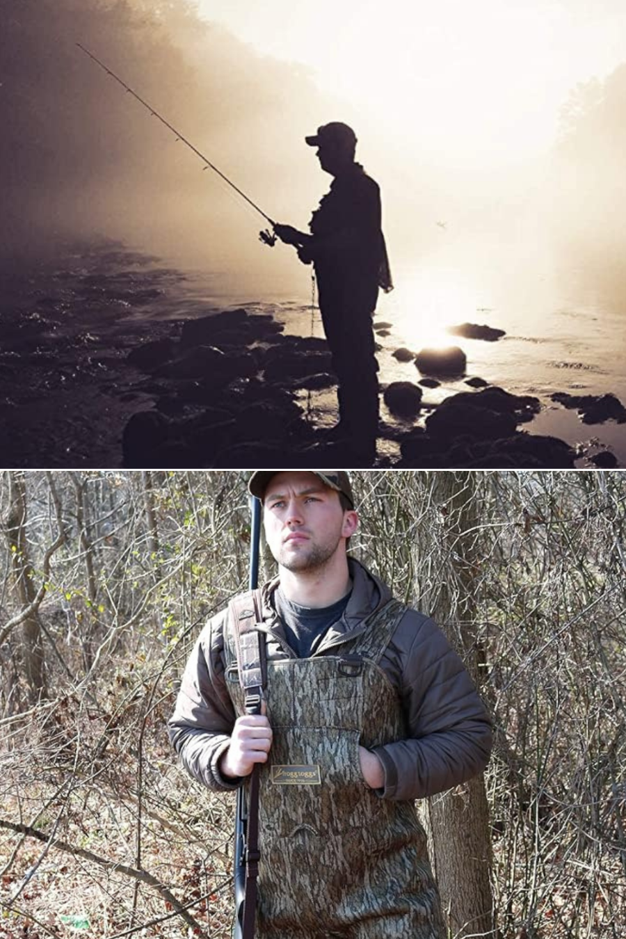 A man fishing in waders, and another hunting in Frogg Toggs.