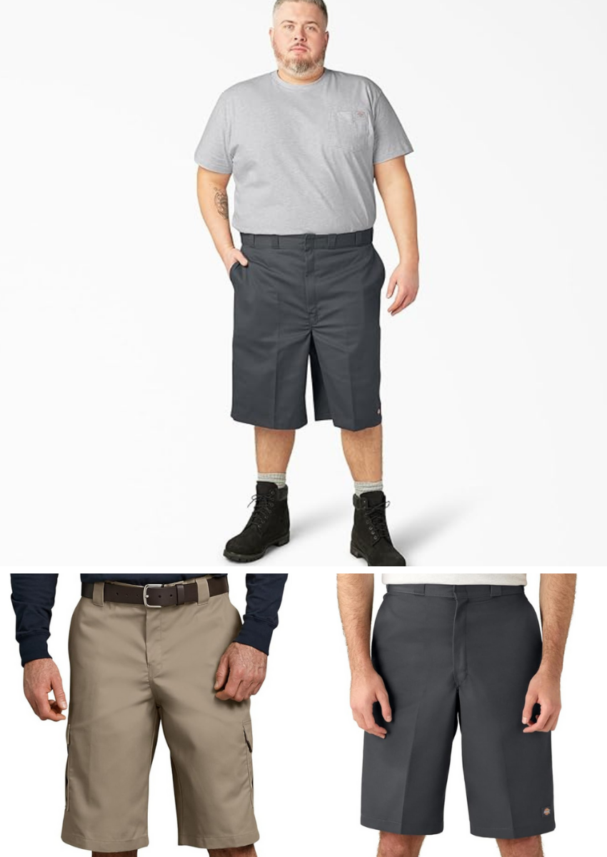 3 men wearing different style shorts from Dickies