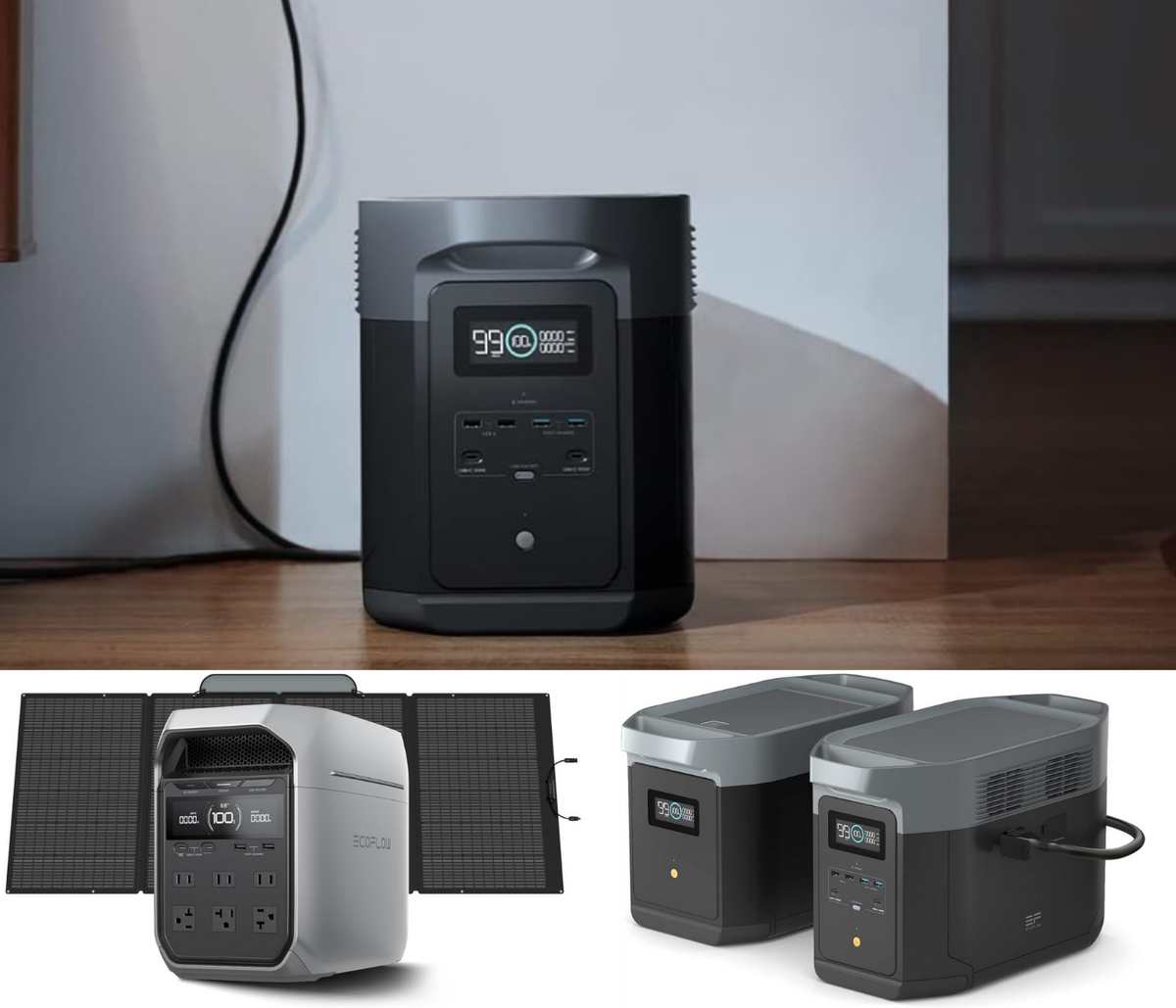 ECOFLOW generators, in a home, with solar panel, and with extra battery.