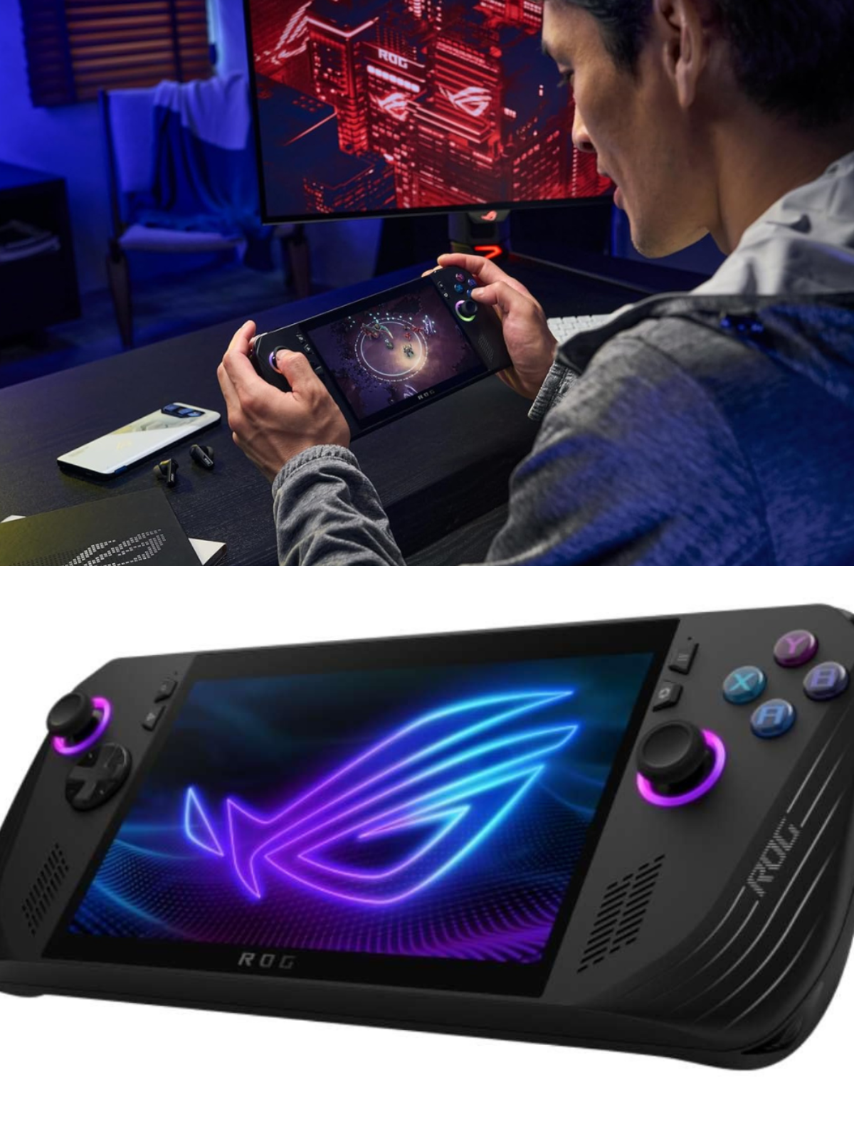 A man with a handheld gaming device, and a ROG Ally X.