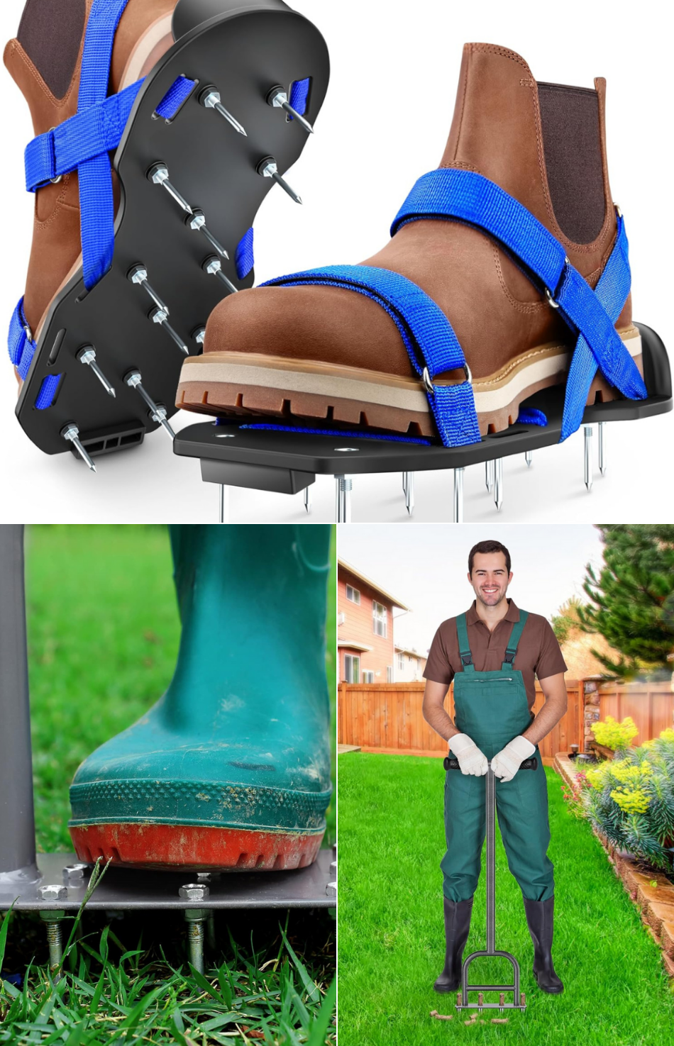 A man holding an aerator, a boot on a manual aerator, and strapon shoe lawn aerators.