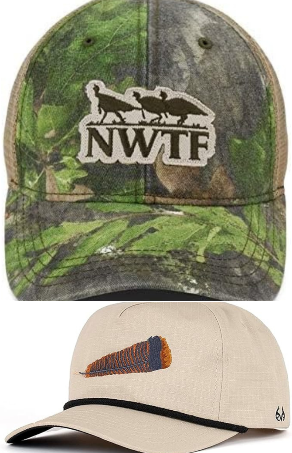 A camo NWTF turkey hat, and a tan hat with a turkey feather